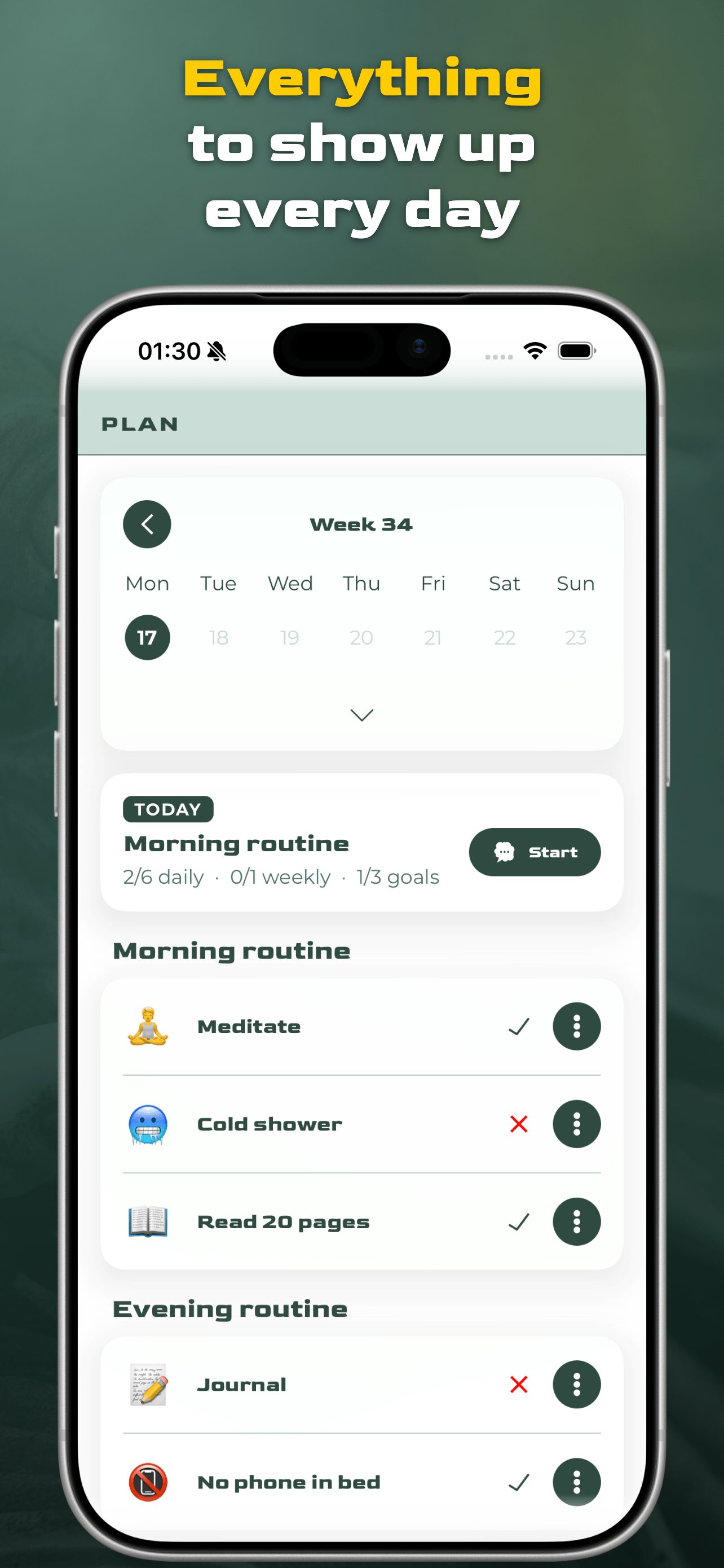 Virtus Habit plan screen: morning and evening routines with daily and weekly habits